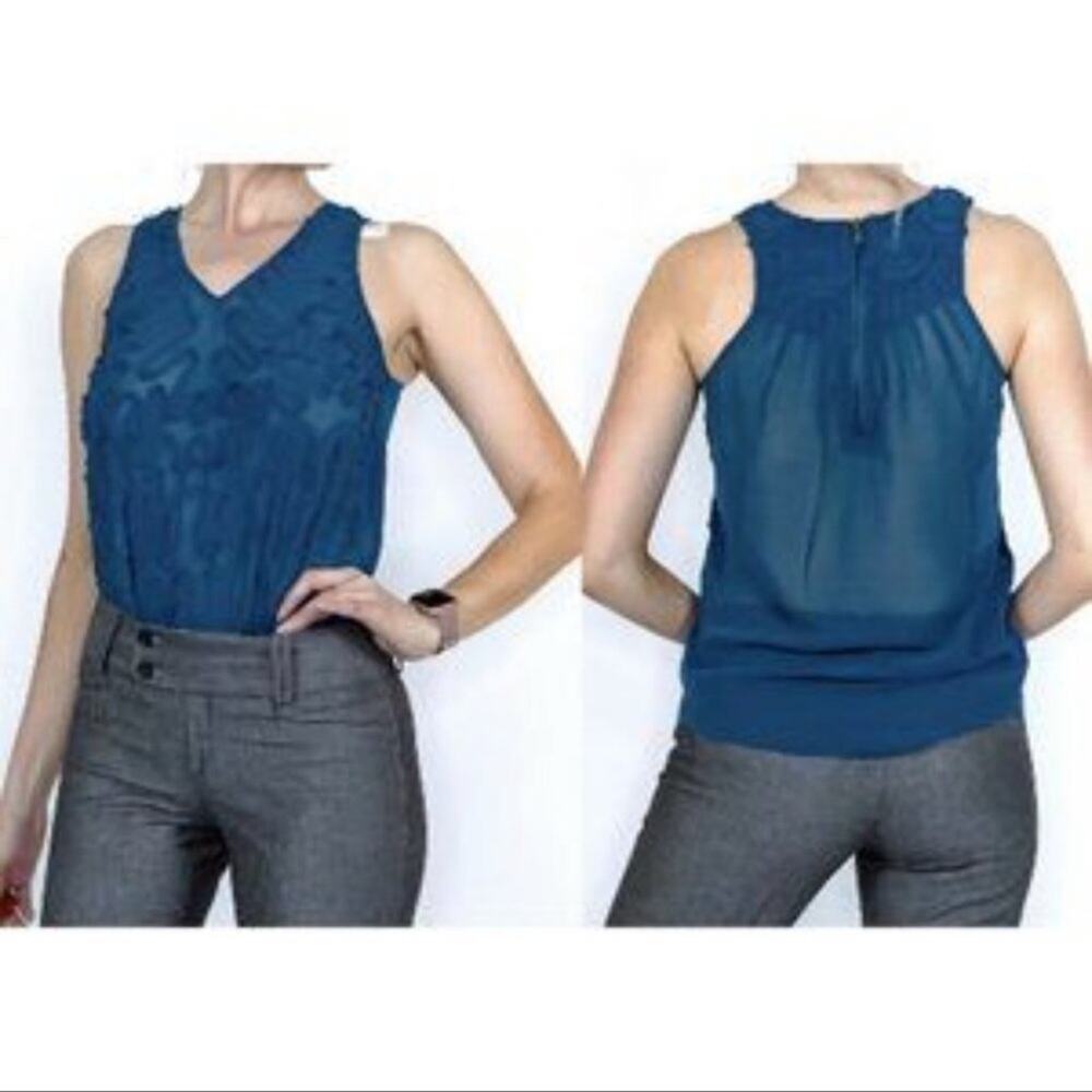Chandi & Lia Teal Chiffon Ruffle Swirl Blouse Size L